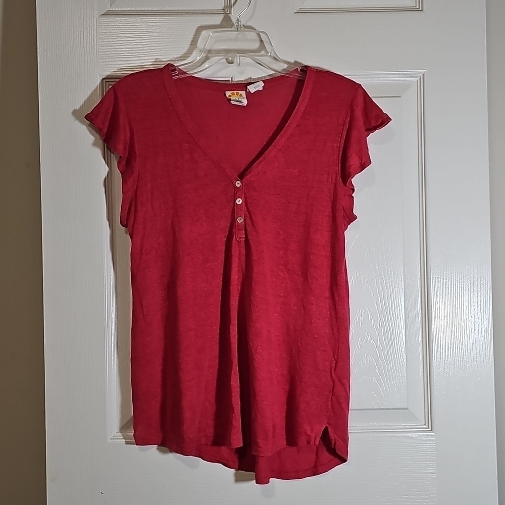 C&C California Red 100% Linen V-neck Short Flutter Sleeve Henley T-Shirt Size S